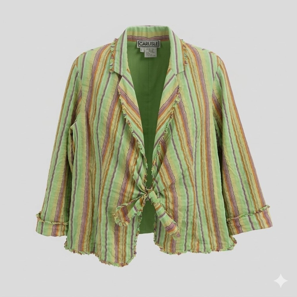 Carlisle Womens Silk Cotton Striped Tie Front Blazer Jacket Apple Green L Y2K